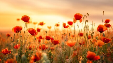 Fototapeta premium A vibrant sunset field adorned with red poppy flowers, bathed in warm golden light. 