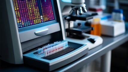 Fototapeta premium Modern laboratory equipment with computer screen and microscope