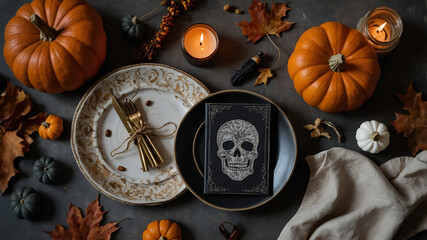 Autumnal arrangement with pumpkins, leaves, candles, and skull on plates for a festive, spooky season.