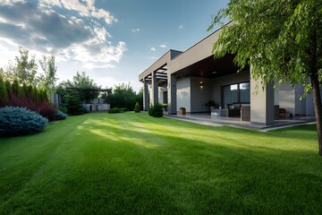 Modern home exterior with lush green lawn and manicured landscaping under a bright sky.