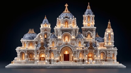 Obraz premium Illuminated Ornate Castle Model with Multiple Towers and Spires on Dark Background