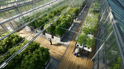 Aerial view of a modern vertical farm with rows of green plants