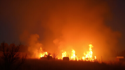 Obraz premium Nighttime inferno engulfs buildings and landscape under fiery sky