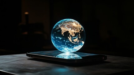 A smartphone projecting an interactive holographic globe, symbolizing global connectivity and advanced digital communication in the modern world