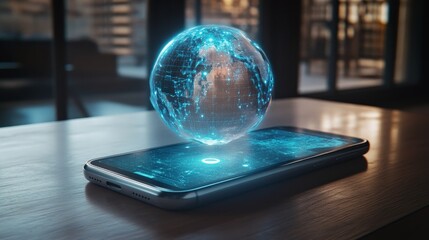 A smartphone projecting an interactive holographic globe, symbolizing global connectivity and advanced digital communication in the modern world