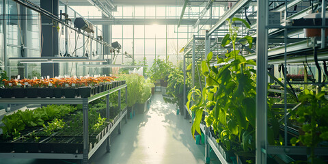 Modern greenhouse interior with growing plants in sunlight, Sustainable agriculture in high-tech greenhouse environment, Indoor farming with leafy greens and artificial lighting

