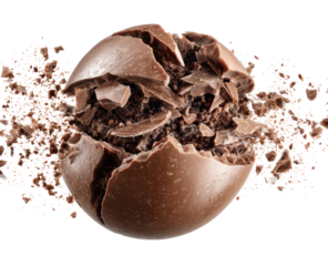 A spherical chocolate treat explodes into a flurry of broken pieces