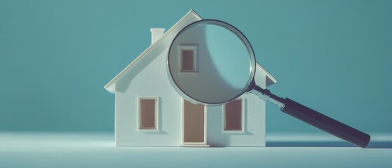 A real estate agent carefully examining a white miniature house model with a magnifying glass, symbolizing detailed property inspection or land evaluation
