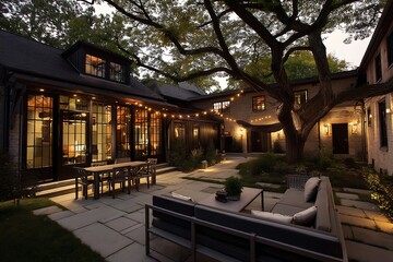 Serene outdoor living space features a patio, dining set, sofa, and string lights for ambiance.