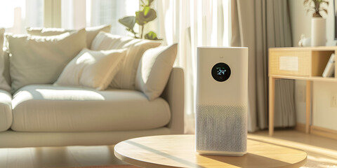 Air purifier in modern living room with natural light, Smart air purifier for home environment, Clean air device in contemporary living space

