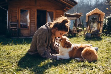 A young woman shares a tender moment with her dog in a sunlit outdoor setting on the grass.