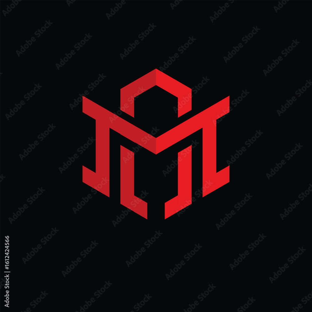 Aufkleber the image shows a geometric monogram design of letters am in red color in simple flat style that loo