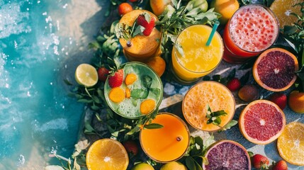 A refreshing assortment of colorful cocktails and tropical juice drinks garnished with vibrant fruits and herbs, perfect for a sunny day by the beach