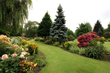 Lush garden path with vibrant flowers and green trees creates a serene outdoor landscape scene.