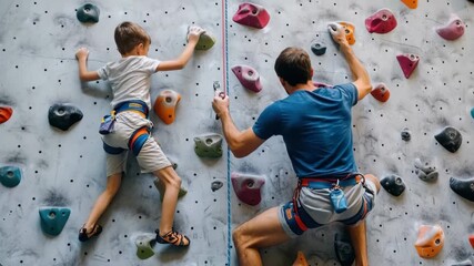 Generative AI. Young boy and adult male climber engaged in indoor rock climbing on a textured wall, showcasing teamwork and determination in a vibrant climbing gym environment