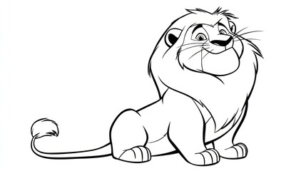 Obraz premium A cartoon lion sits, facing right, with a large mane and a contented expression. Its tail curls behind it