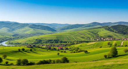 Fototapeta premium A peaceful village nestled in a valley of rolling green hills