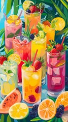 A refreshing assortment of colorful cocktails and tropical juice drinks garnished with vibrant fruits and herbs, perfect for a sunny day by the beach