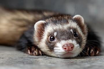 Front view of an adorable ferret lying on a grey patterned floor in a house.