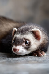Front view of an adorable ferret lying on a grey patterned floor in a house.