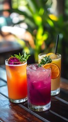 A refreshing assortment of colorful cocktails and tropical juice drinks garnished with vibrant fruits and herbs, perfect for a sunny day by the beach