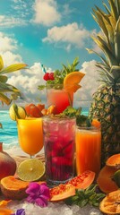 A refreshing assortment of colorful cocktails and tropical juice drinks garnished with vibrant fruits and herbs, perfect for a sunny day by the beach