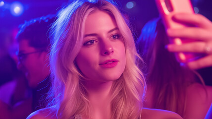 Naklejka premium A Young Woman Taking a Selfie at a Party, Neon Lighting