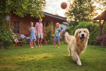 Golden Retriever dog runs happily on the lawn with family playing ball in the background.