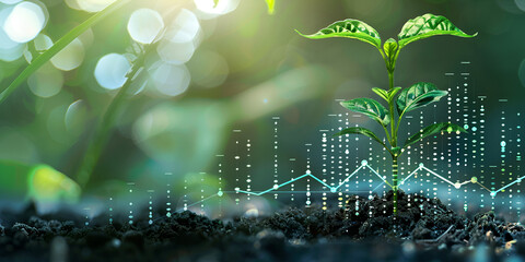 Plant growth with digital data and graph analysis, Technology enhancing plant growth and sustainability, Digital farming with data visualization and plant care

