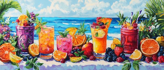 A refreshing assortment of colorful cocktails and tropical juice drinks garnished with vibrant fruits and herbs, perfect for a sunny day by the beach
