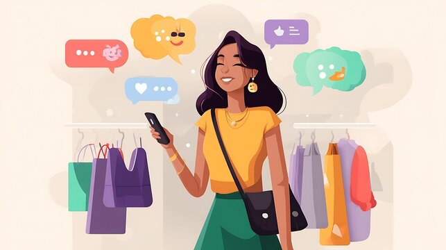 Woman shopping online with social media engagement and fashion choices