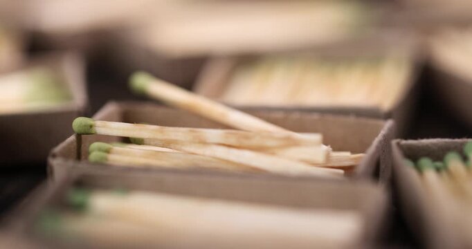 wooden matches with green grey poured into cardboard boxes , the green head of a wooden match laid out in cardboard boxes, closeup