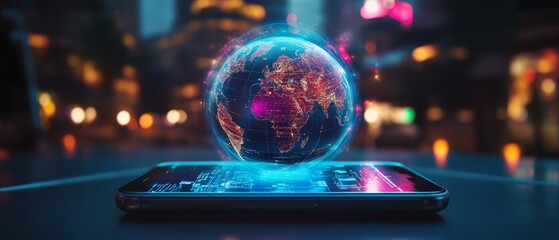 A smartphone projecting an interactive holographic globe, symbolizing global connectivity and advanced digital communication in the modern world