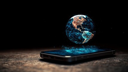 A smartphone projecting an interactive holographic globe, symbolizing global connectivity and advanced digital communication in the modern world