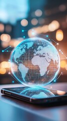 A smartphone projecting an interactive holographic globe, symbolizing global connectivity and advanced digital communication in the modern world