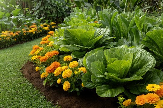Lush garden bed featuring vibrant yellow and orange zinnia flowers alongside leafy green cabbages.