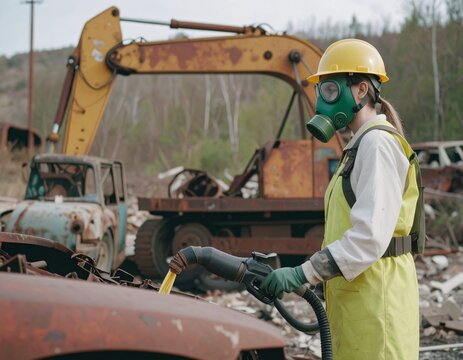 A woman wearing protective gear and a gas mask works on a rusty car in a junkyard with an excavator in the background.