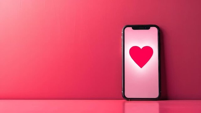 Modern smartphone displaying a vibrant red heart symbol animated on its screen, set against a matching gradient pink backdrop and reflective surface, suggesting a dating or romance application.