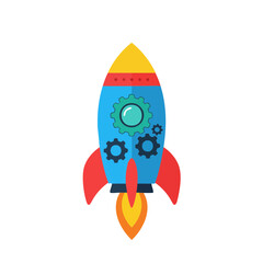 Vector illustration of rocket with gears on white background, innovation and engineering concept