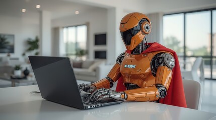 Orange robot wearing red cape working on laptop in a modern home interior with large windows