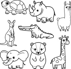 Cute Outline of Turtle Rhino Llama Kangaroo Crocodile Elephant Badger and Giraffe for Kids Coloring Page