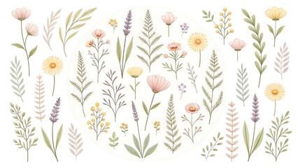 Delicate watercolor botanical illustration of soft peach and yellow flowers with greenery
