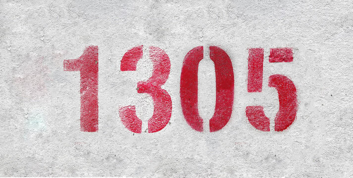 Red Number 1305 on the white wall. Spray paint.
