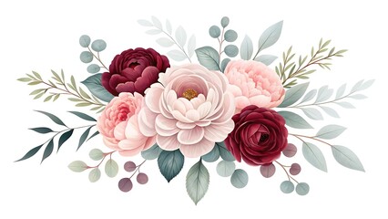 Elegant watercolor floral arrangement featuring pink and burgundy peonies with delicate greenery and berries
