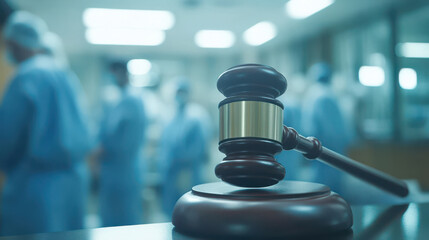 Fototapeta na wymiar Judge’s gavel with doctors in background symbolizing medical law