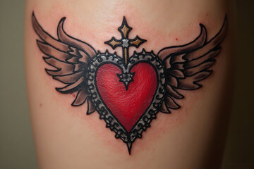 Heart Tattoo with Wings and Cross Artistic Body Art Design