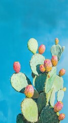 A vibrant cactus plant bursting with color stands out strikingly against a bright blue background, showcasing its unique shape and textures