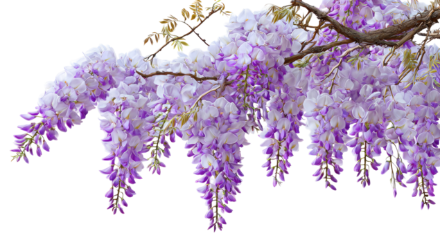 Delicate, cascading clusters of light purple and white wisteria blossoms hang from branches