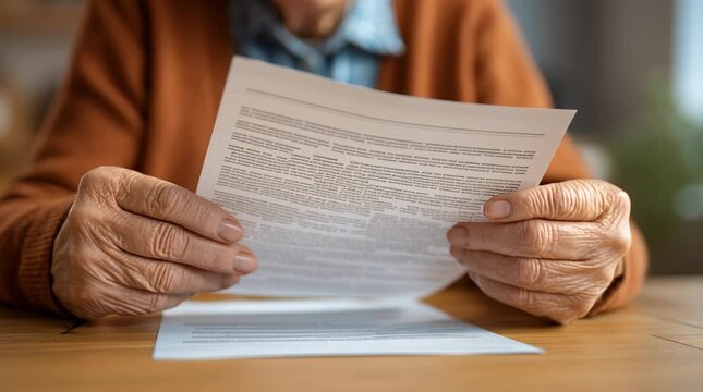 Elderly Person Reading Document Wooden Table, Focusing Details of Policyholder Paperwork and Reviewing Policyholder Documents with Focus Hands