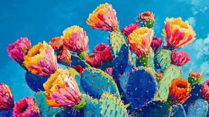 A vibrant cactus plant bursting with color stands out strikingly against a bright blue background, showcasing its unique shape and textures